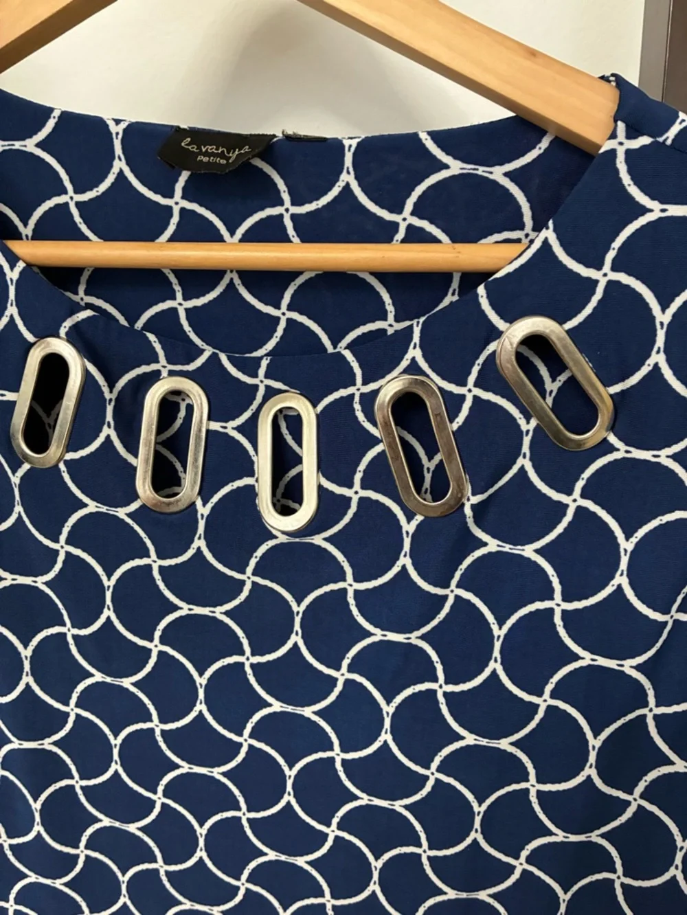 Navy & White Geometric Tunic with metal Accent Neckline. Flattering Feminine - Picture 4 of 11